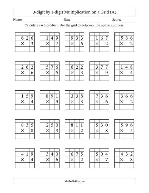 Free Multiplication Worksheet (Standard Algorithm: 1 X 3 digit ...