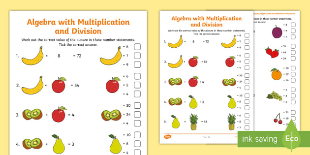 Algebra Multiplication Worksheets with Division - Resource