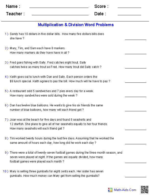 multiplication and division word problems worksheet grade 3