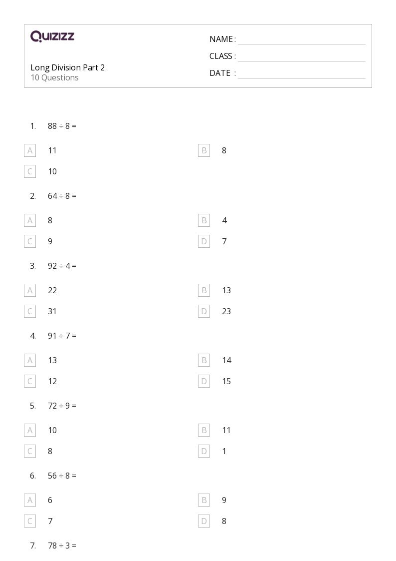 50+ Long Division worksheets for 2nd Year on Quizizz | Free ...