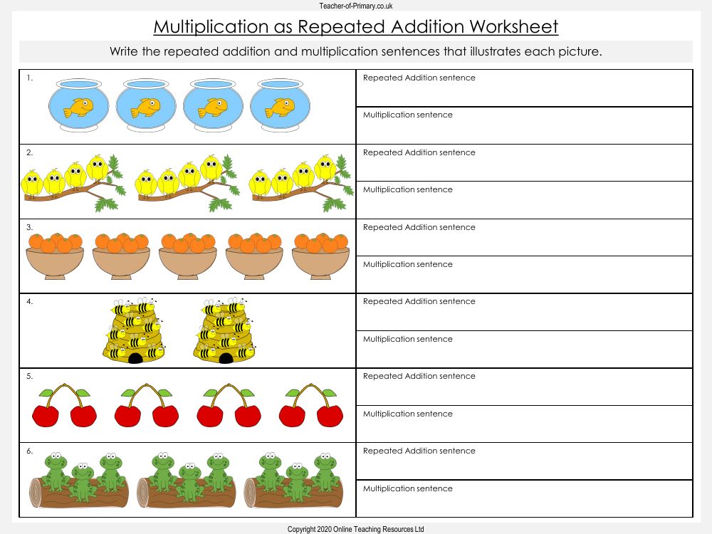 Multiplication as Repeated Addition - Worksheet | Maths Year 1 ...