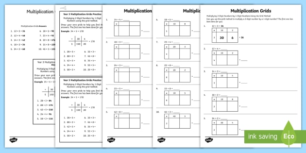 Using the Grid or Box Method of Multiplication PDF - Year 3