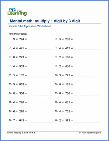 multiplication by 1 digit worksheet