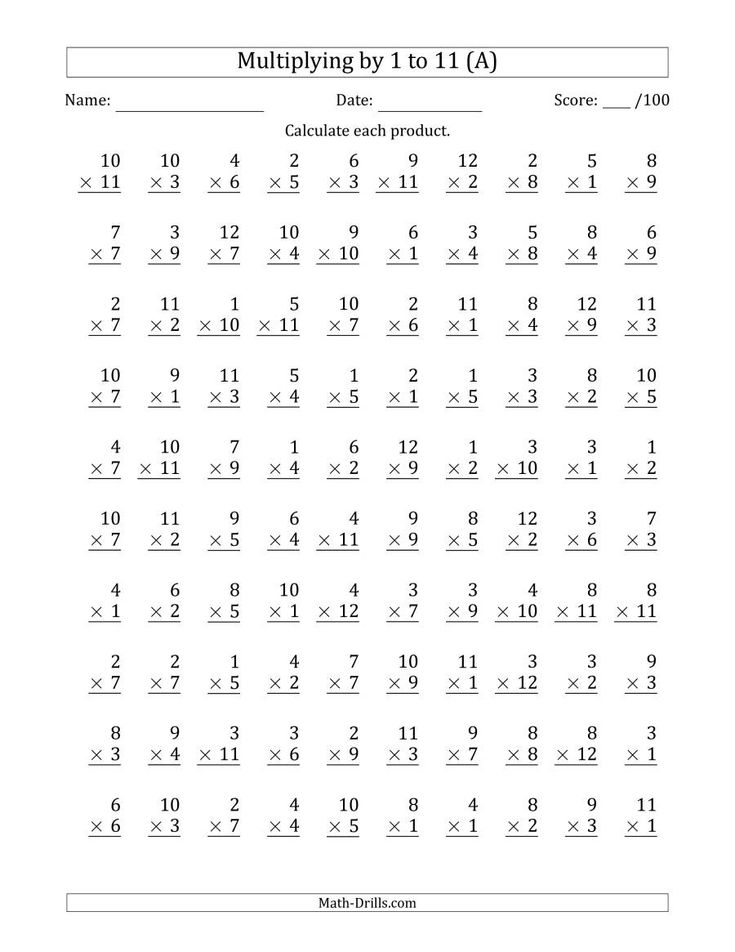The Multiplying by 1 to 11 with Factors 1 to 12 (100 Questions) (A ...