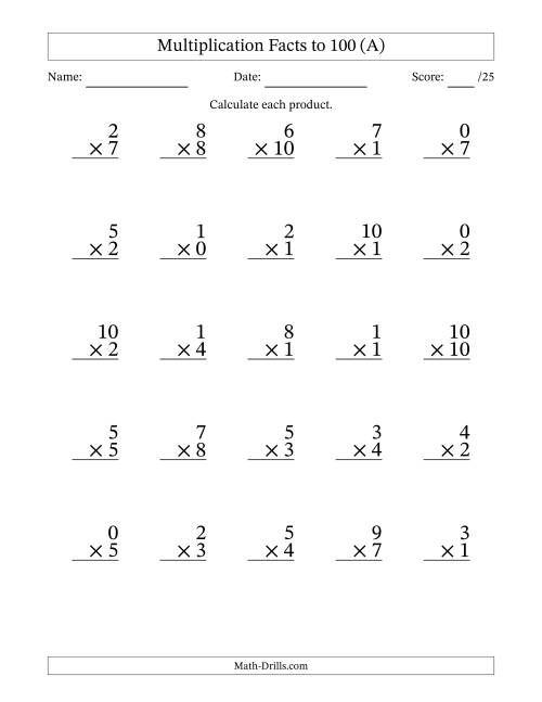 Multiplication Facts to 100 (25 Questions) (With Zeros) (A)