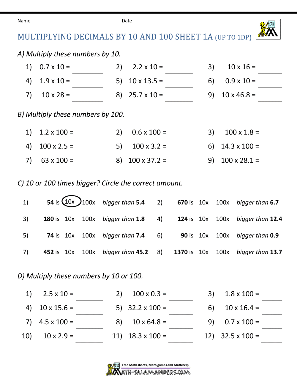 Multiplying Decimals by 10 100
