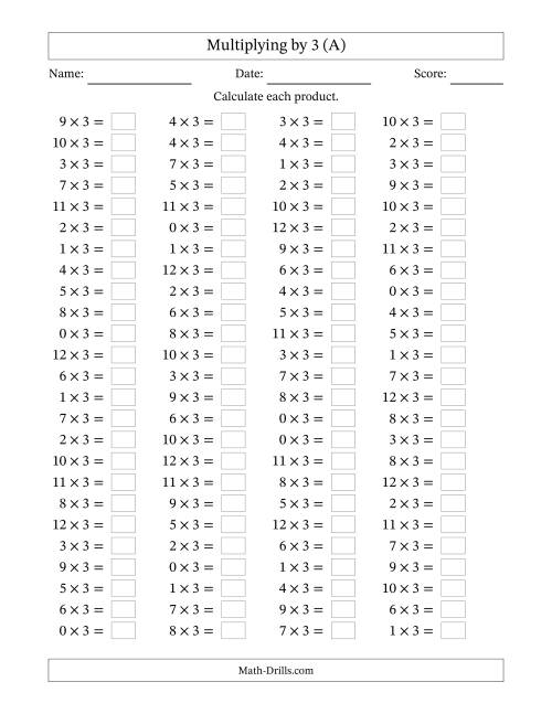 Horizontally Arranged Multiplying (0 to 12) by 3 (100 Questions) (A)