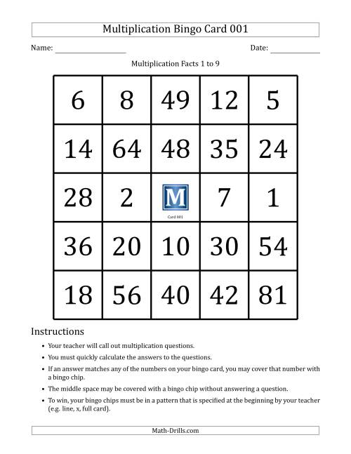Multiplication Bingo Cards for Facts 1 to 9 (Cards 001 to 010) (A)