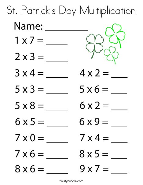 St Patricks Day Multiplication Coloring Page - Twisty Noodle