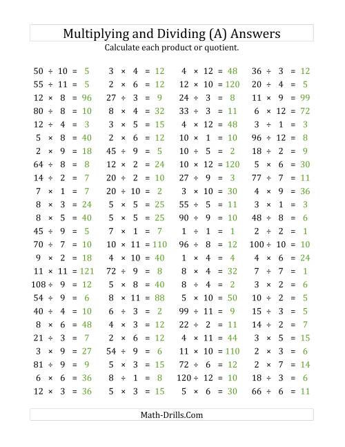 100 Horizontal Multiplication/Division Questions (Facts 1 to 12) (A)