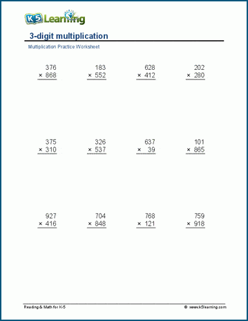 Multiply 3 x 3 digits worksheets | Worsheets library