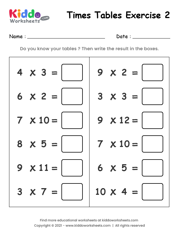Free Printable Times Table Exercise 2 Worksheet - kiddoworksheets