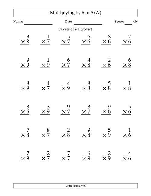 Multiplying (1 to 9) by 6 to 9 (36 Questions) (A)