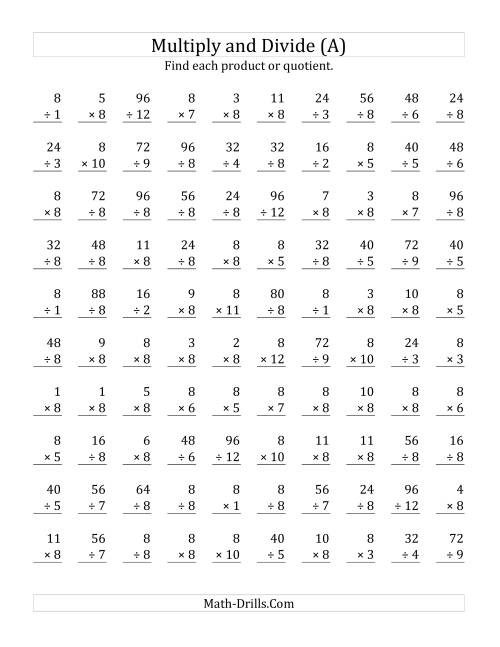 multiplication drills worksheet on 8
