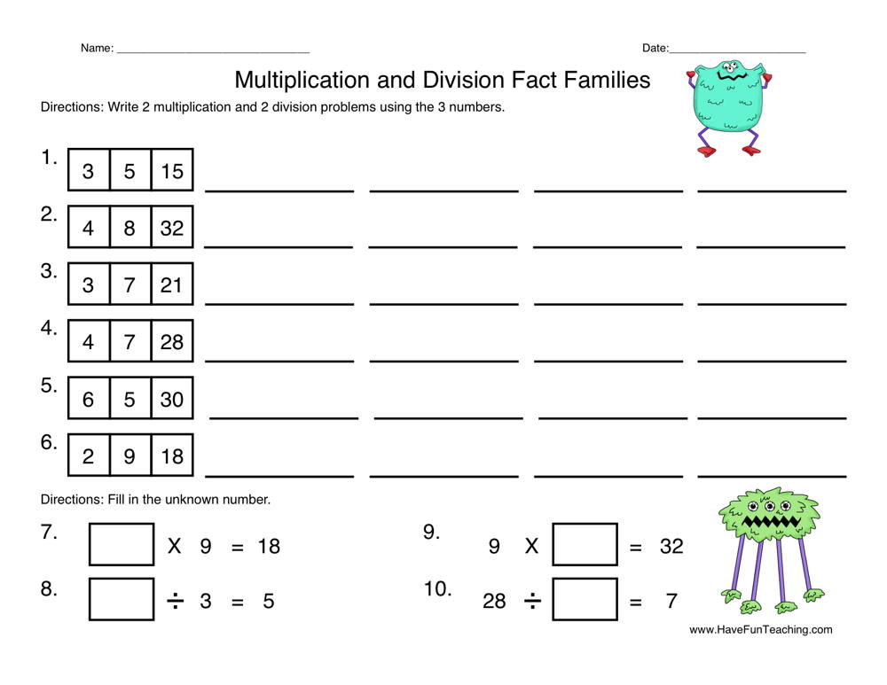 Multiplication Division Fact Families Worksheet  