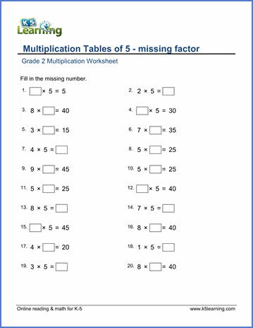 Grade 2 Math Worksheet - Multiplication tables of 5 - missing ...