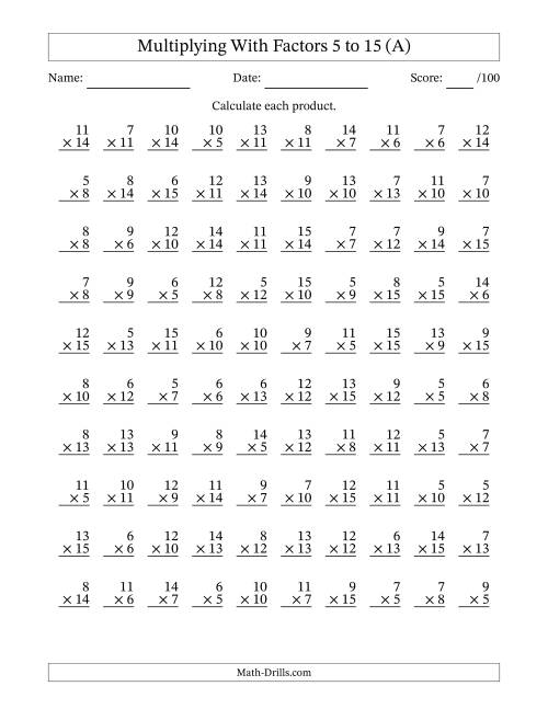 Multiplication With Factors 5 to 15 (100 Questions) (A)