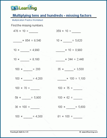Multiplying by whole tens and hundreds- missing factor worksheets ...
