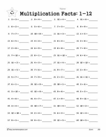 multiplication facts worksheet 1 12