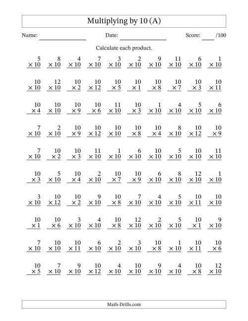 Multiplying (1 to 12) by 10 (100 Questions) (A)