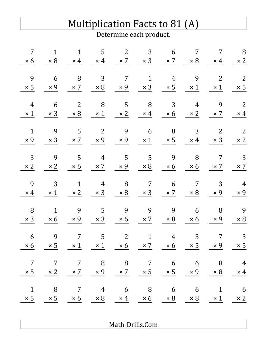 Multiplication Facts to 81 (100 Questions) (No Zeros) (A)