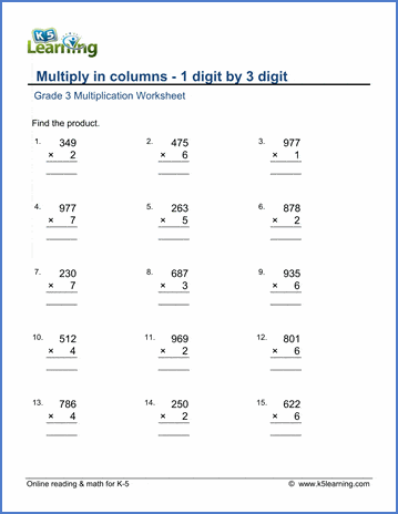 Grade 3 Math Worksheets: Multiply 1 by 3-digit numbers in columns ...