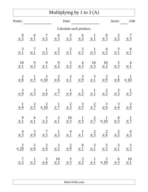 Multiplying (1 to 10) by 1 to 3 (100 Questions) (A)