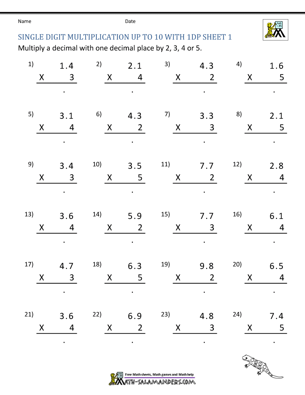 multiplication of decimals worksheet 6th grade