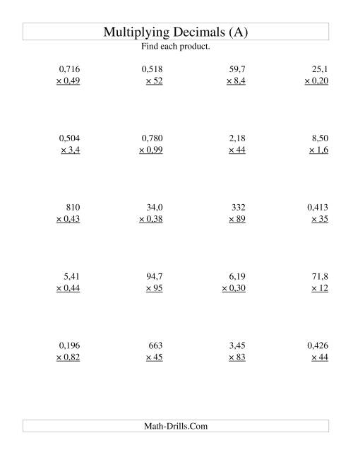 Multiplying Three-Digit by Two-Digit with Various Decimal Places (A)