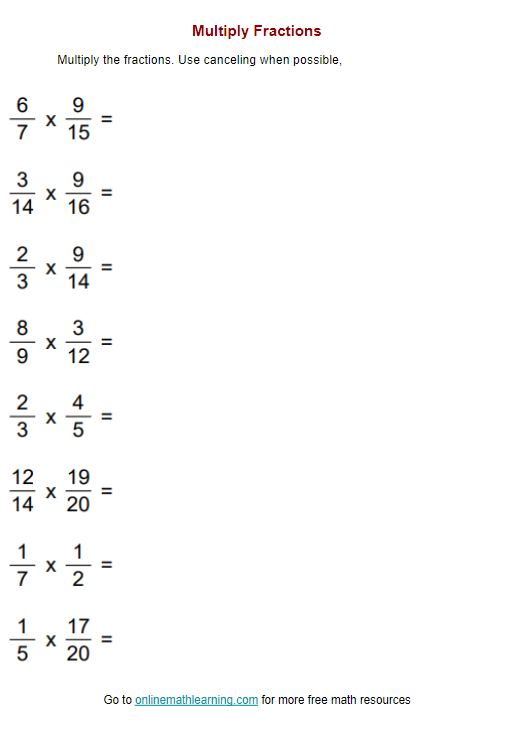 multiplication of fractions worksheet