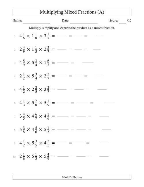 Multiplying 3 Mixed Fractions (A)
