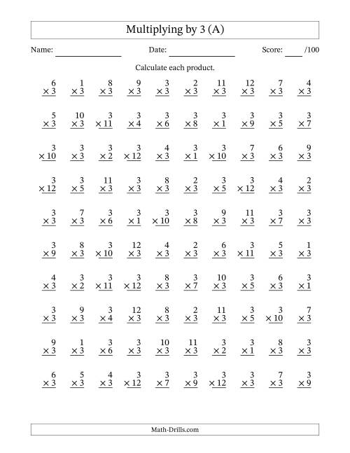 Multiplying (1 to 12) by 3 (100 Questions) (A)