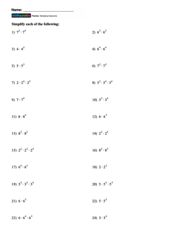 multiplication property of exponents worksheet