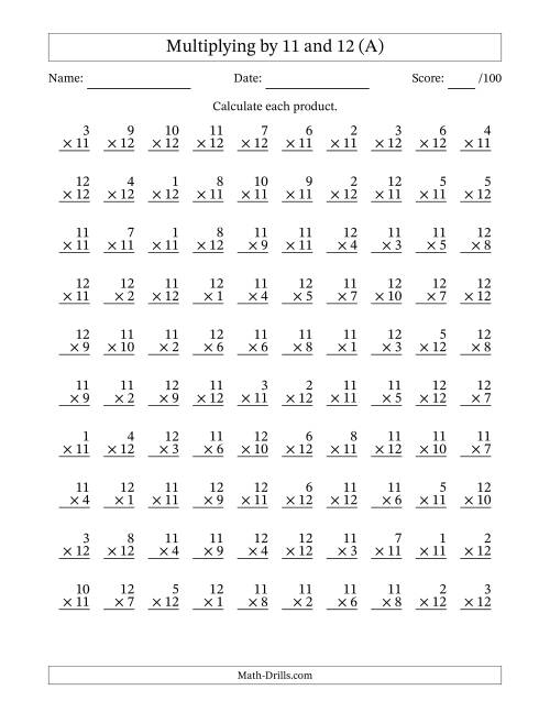 Multiplying (1 to 12) by 11 and 12 (100 Questions) (A)