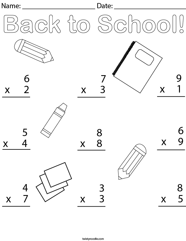 Back to School Multiplication- 1 digit Math Worksheet - Twisty Noodle