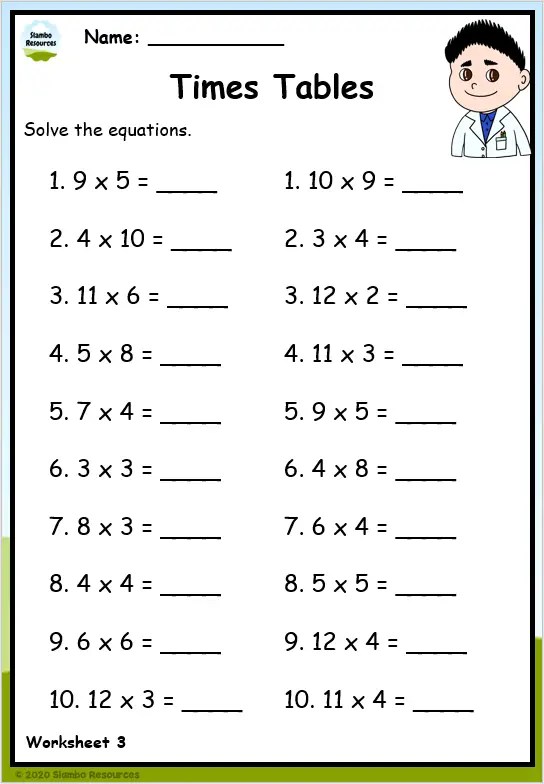 multiplication sheets for 3rd grade