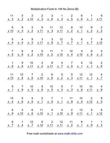 Multiplication Facts to 144 No Zeroes Worksheet for 4th - 5th ...