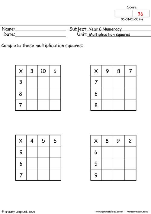 multiplication squares worksheet