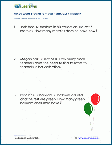 Grade 2 mixed add / subtract / multiply word problem Worksheets ...