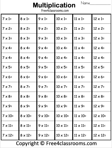 Free Times Table Worksheet - 7 to 12 - Free Worksheets ...