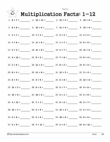 Multiplication Facts 1-12 Worksheets