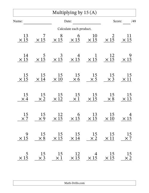 Multiplying (1 to 15) by 15 (49 Questions) (A)