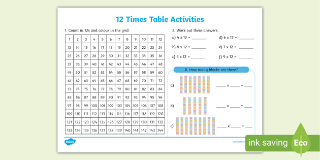 Yr1/2 - 12 Times Table Worksheet - NZ Maths Resource