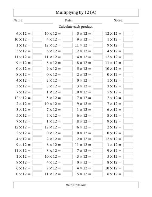 Horizontally Arranged Multiplying (0 to 12) by 12 (100 Questions) (A)