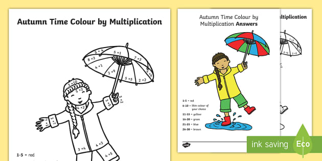 Autumn Time Colour by Multiplication Worksheet - Twinkl