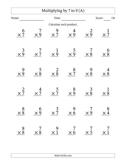 Multiplying (1 to 9) by 7 to 9 (36 Questions) (A)