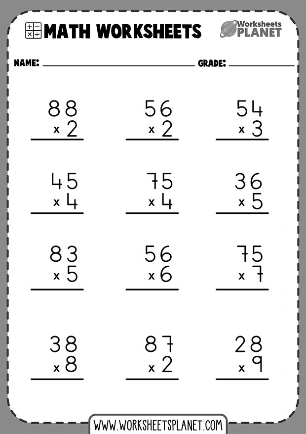 1-Digit x 2-Digit Multiplication Worksheets