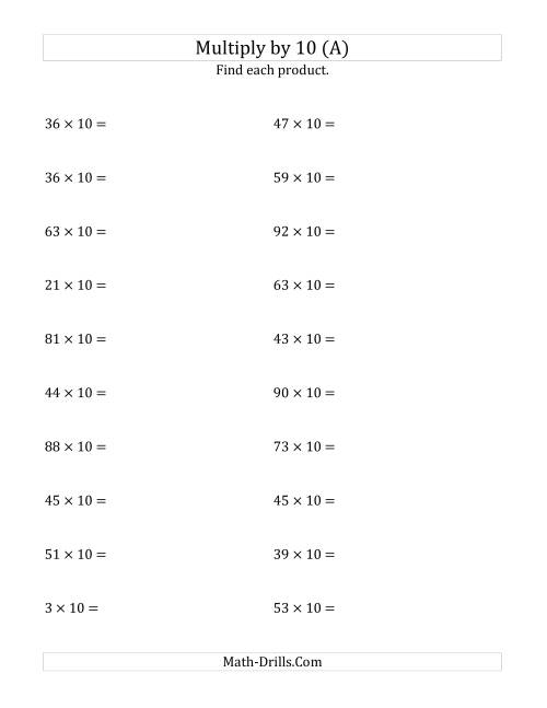 Multiplying Whole Numbers by 10 (A)
