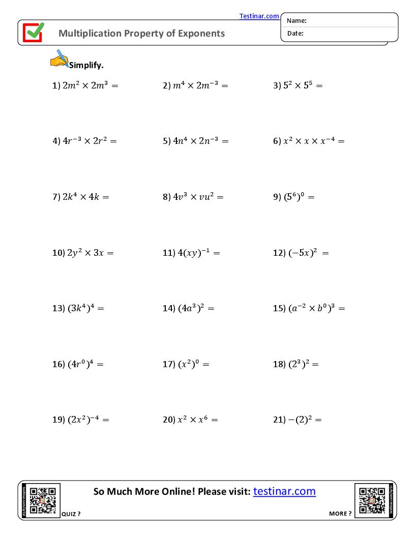 Multiplication Property of Exponents worksheets
