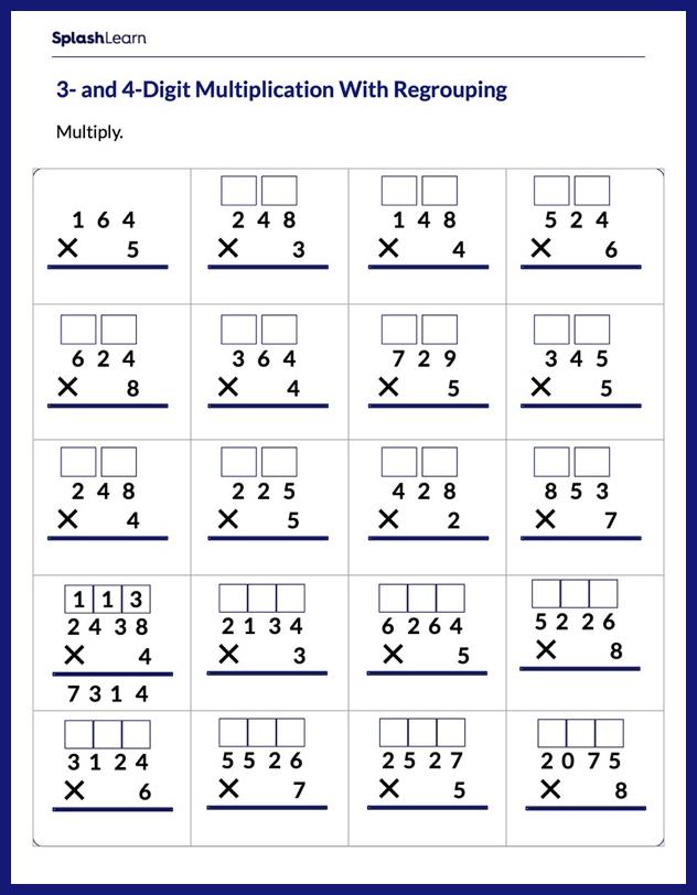 Multiply 3-Digit by 4-Digit with Regrouping - Math Worksheets ...